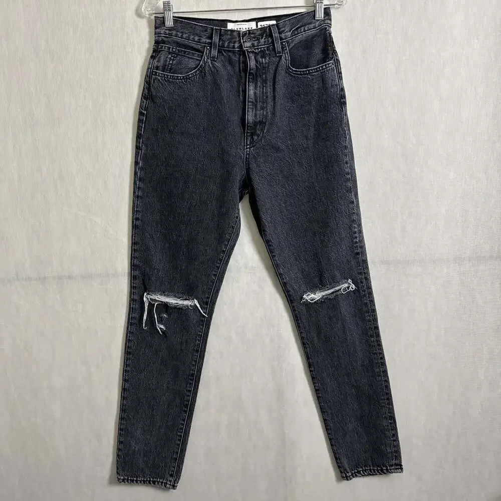 SLVRLAKE Women's 28 Black Distressed Knee Beatnik High Waisted Slim Ankle Jeans